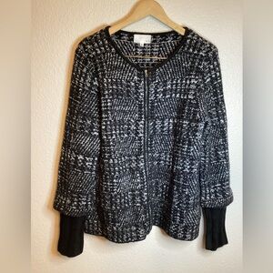 ROI Black and White Tweed Knit Zip-Up Cardigan - Size Medium